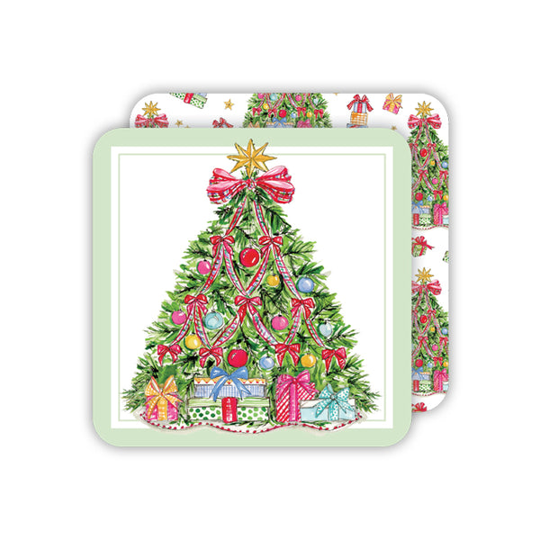 Square Coaster Handpainted Christmas Tree with Red Bows