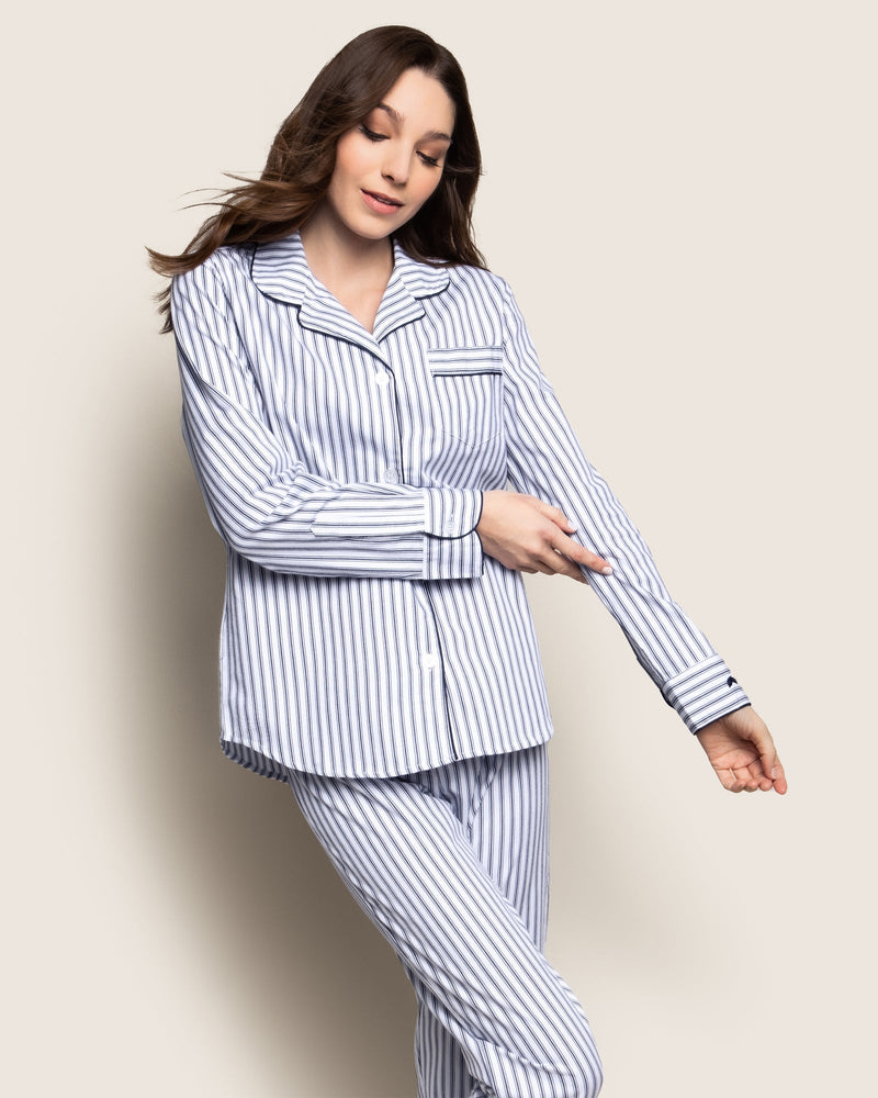 Petite Plume Women's Twill Navy French Ticking Pajama Set