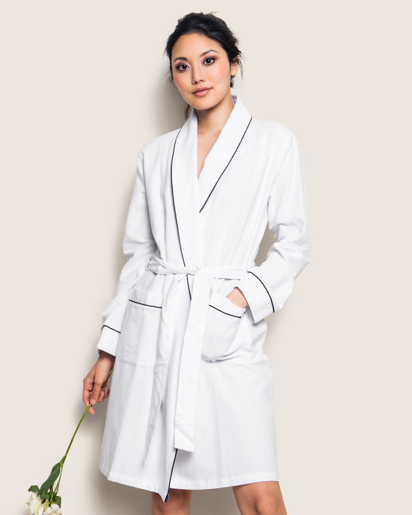 Petite Plume Women's White with Navy Piping Flannel Robe