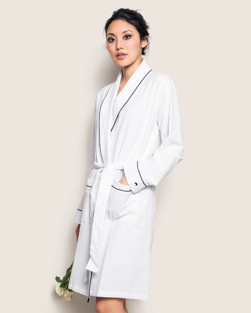 Petite Plume Women's White with Navy Piping Flannel Robe