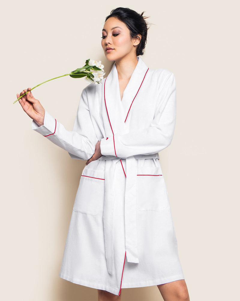 Petite Plume Women's White with Red Piping Flannel Robe