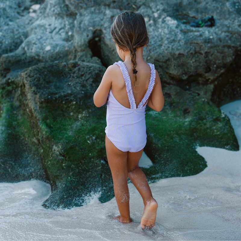 Lavender Stripe Ruched Strap One Piece Swimsuit