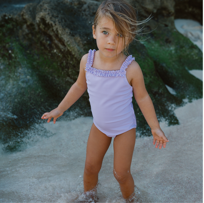 Lavender Stripe Ruched Strap One Piece Swimsuit