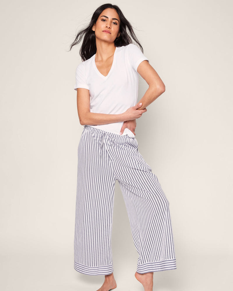 Petite Plume Women's Navy Ticking Olivia Wide Leg Pima Pajama Set