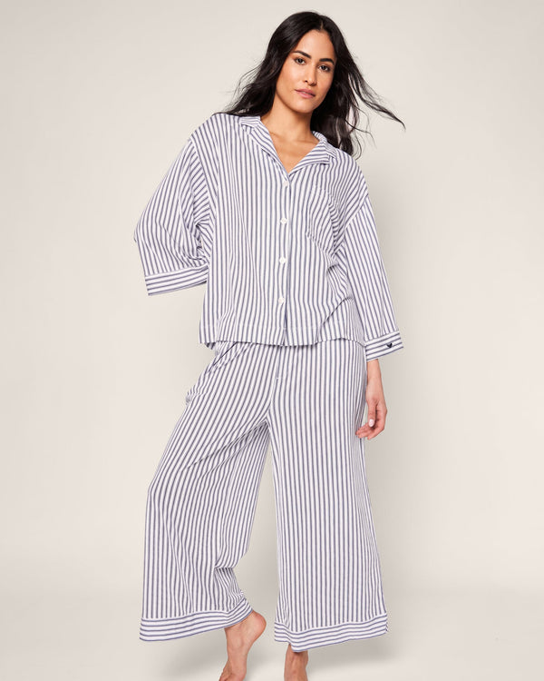 Petite Plume Women's Navy Ticking Olivia Wide Leg Pima Pajama Set