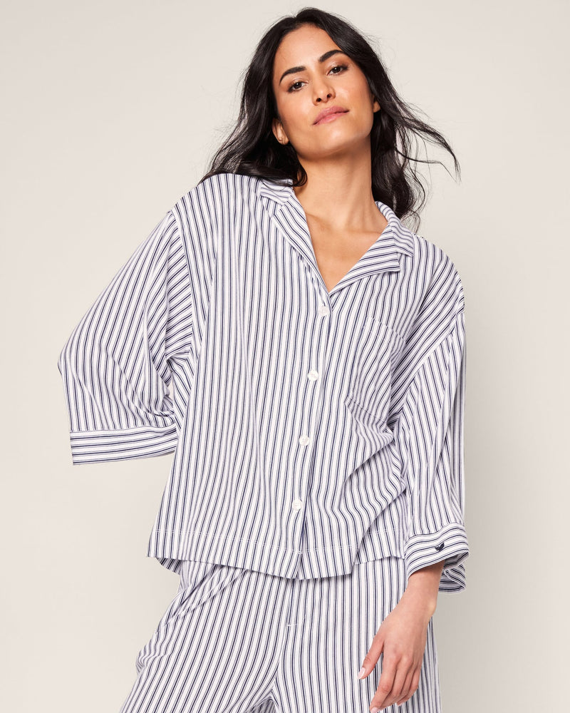 Petite Plume Women's Navy Ticking Olivia Wide Leg Pima Pajama Set