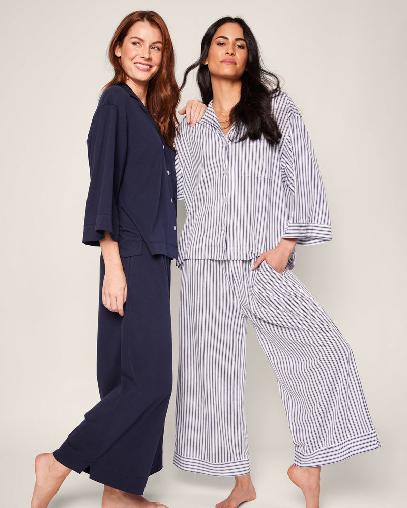 Petite Plume Women's Navy Ticking Olivia Wide Leg Pima Pajama Set