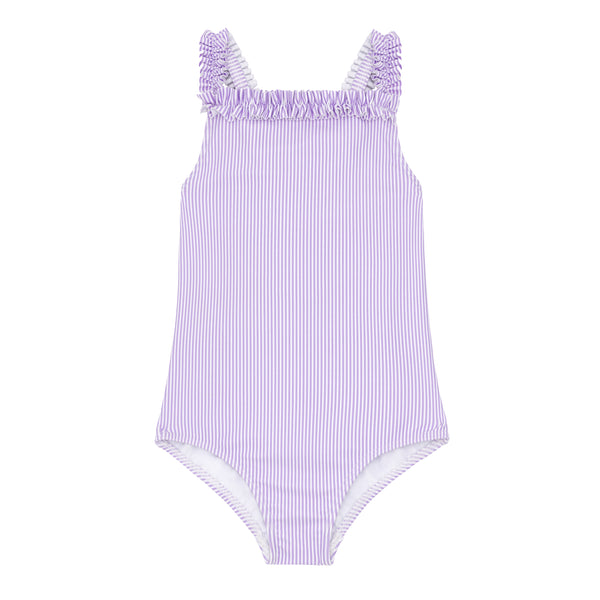 Lavender Stripe Ruched Strap One Piece Swimsuit