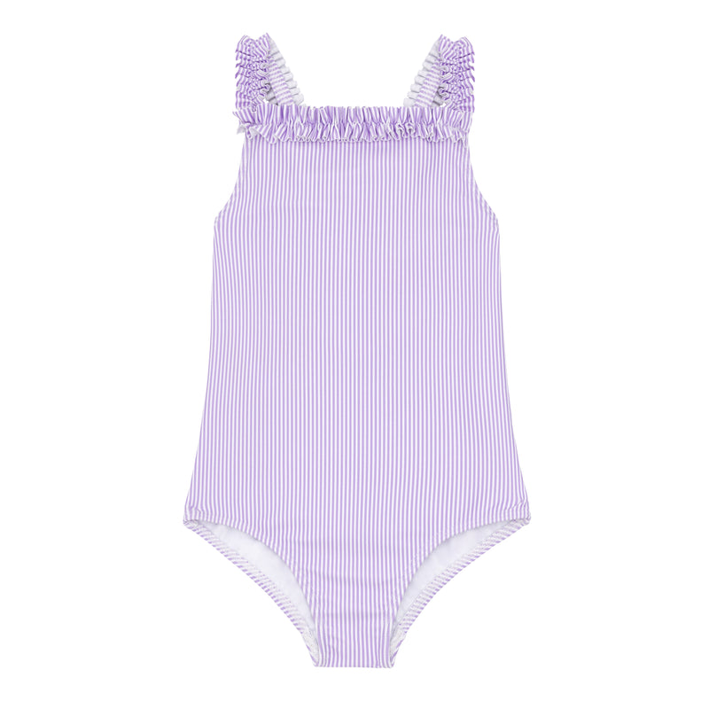 Lavender Stripe Ruched Strap One Piece Swimsuit