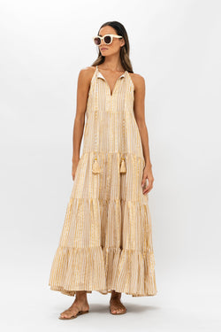 Oliphant Samoa Tan Gold Long Tiered Tassel Dress