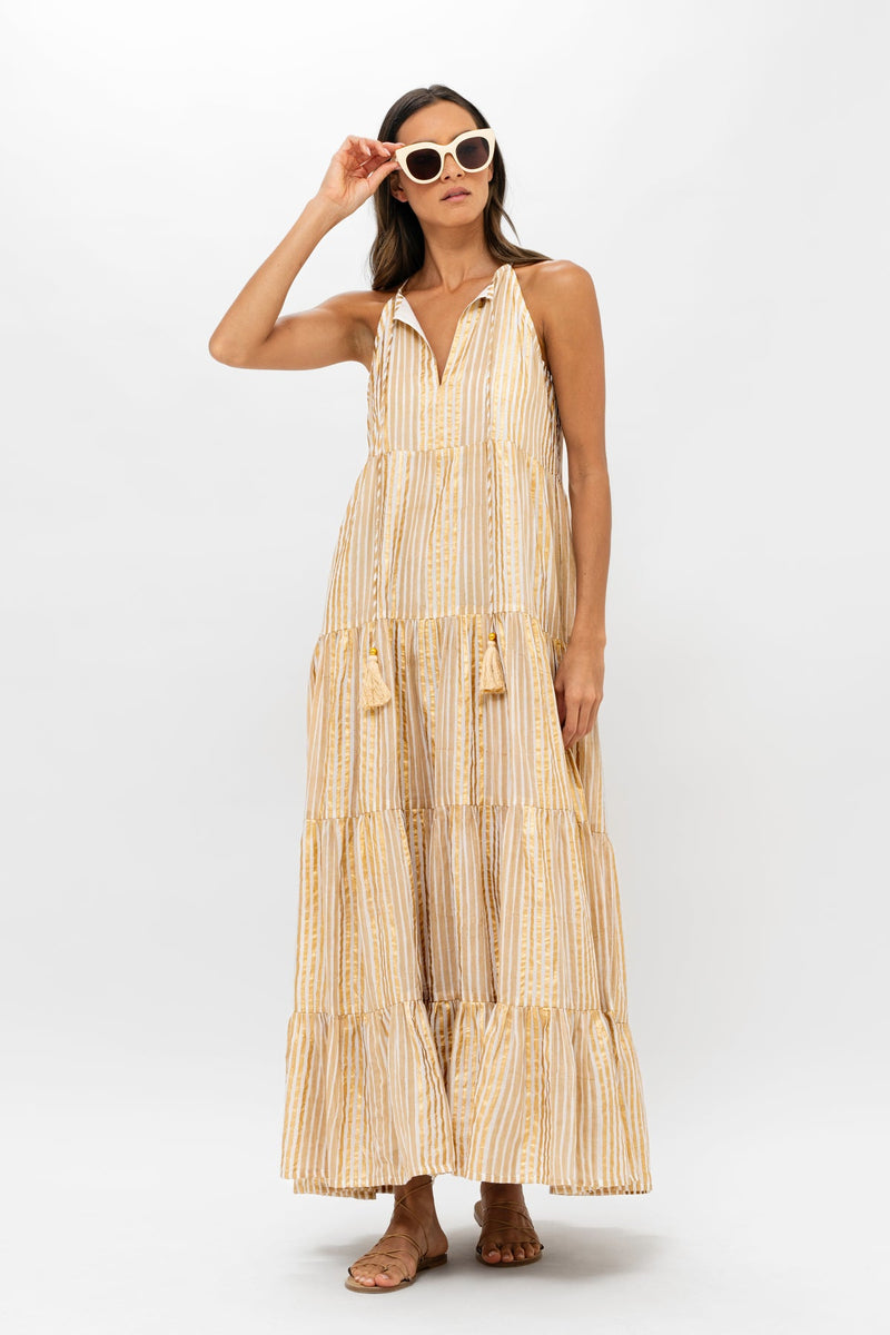 Oliphant Samoa Tan Gold Long Tiered Tassel Dress