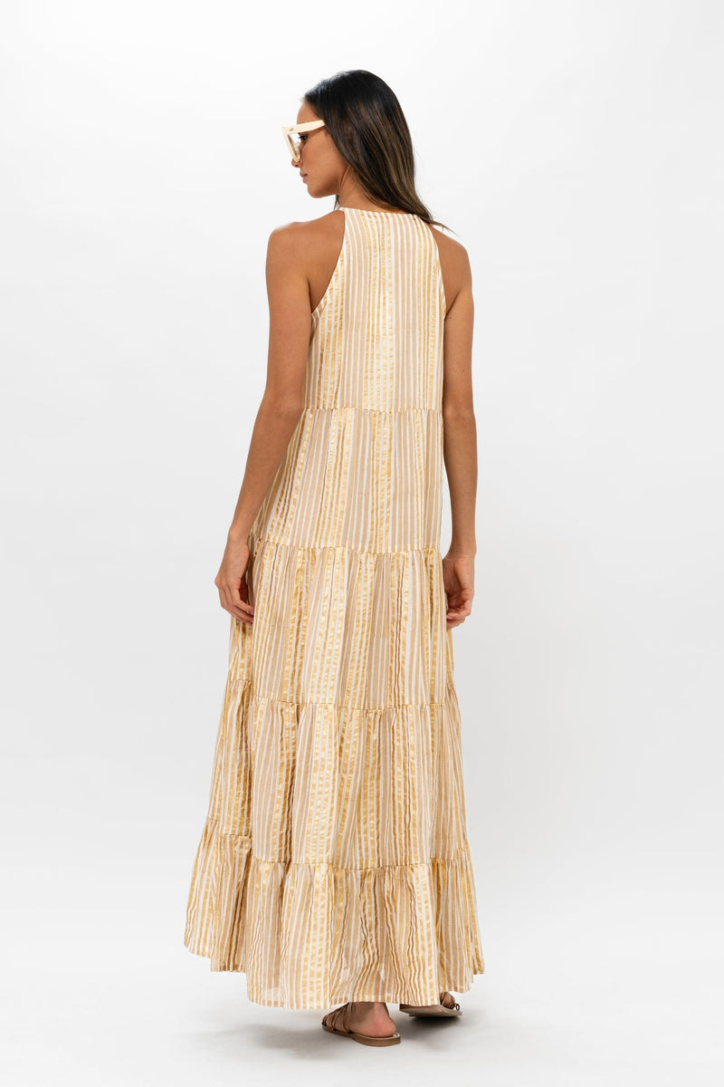 Oliphant Samoa Tan Gold Long Tiered Tassel Dress