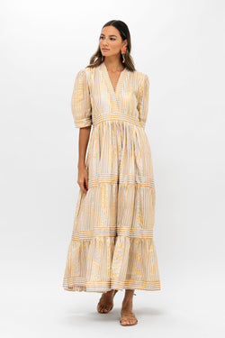 Oliphant Samoa Tan Gold V-Neck Cuffed Maxi Dress