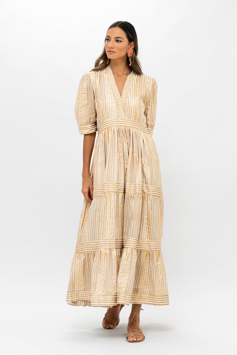 Oliphant Samoa Tan Gold V-Neck Cuffed Maxi Dress