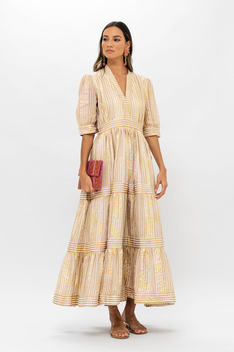 Oliphant Samoa Tan Gold V-Neck Cuffed Maxi Dress