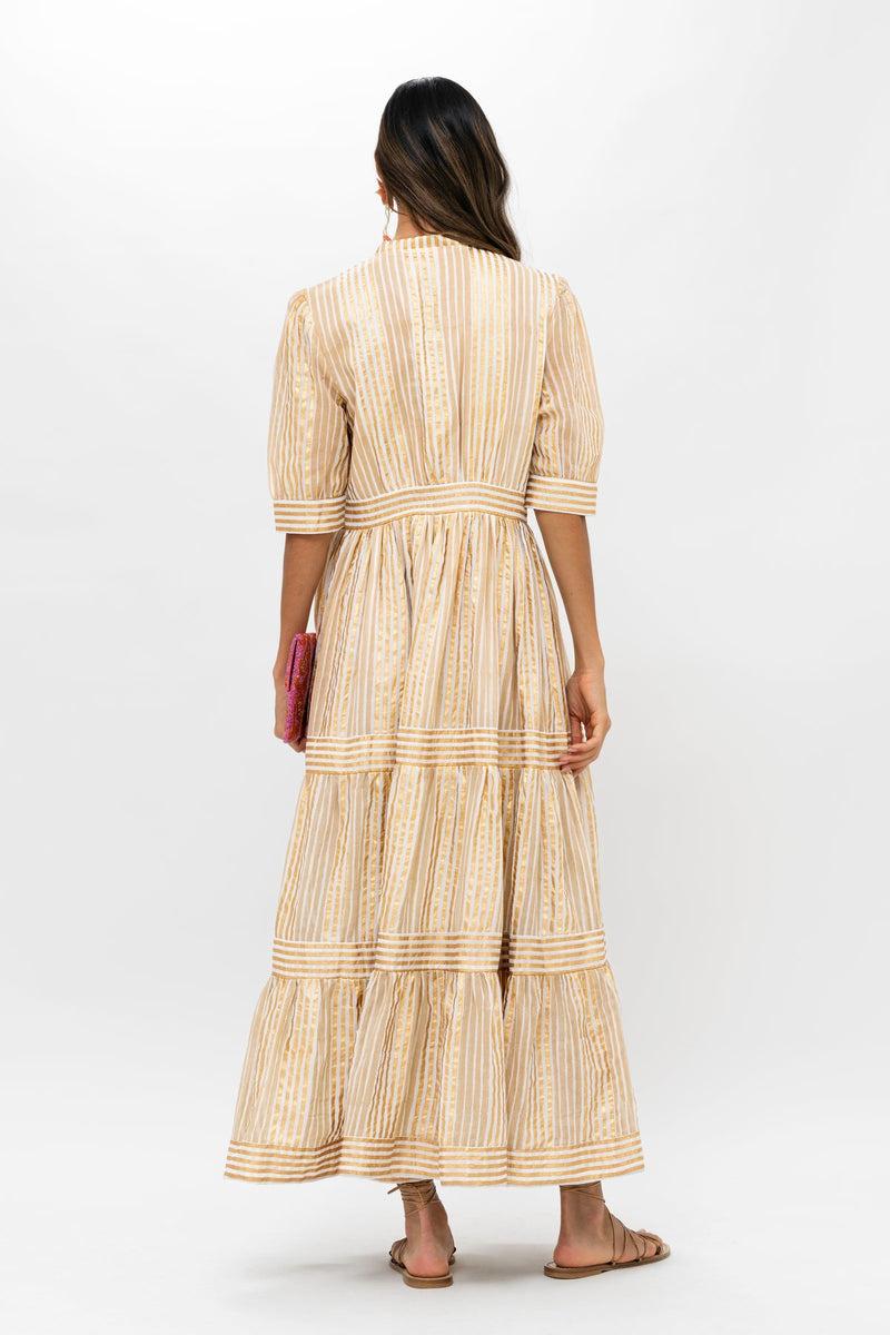 Oliphant Samoa Tan Gold V-Neck Cuffed Maxi Dress