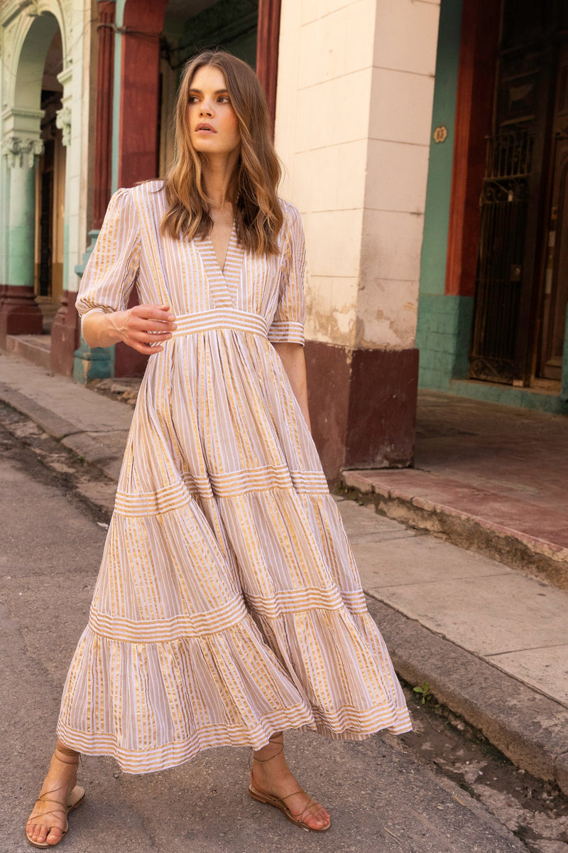 Oliphant Samoa Tan Gold V-Neck Cuffed Maxi Dress