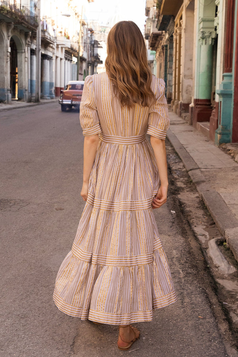 Oliphant Samoa Tan Gold V-Neck Cuffed Maxi Dress