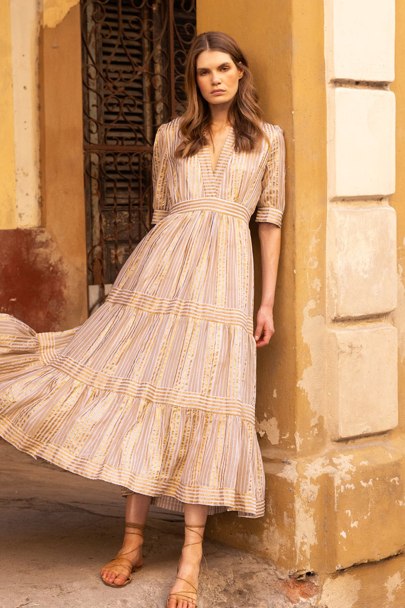 Oliphant Samoa Tan Gold V-Neck Cuffed Maxi Dress