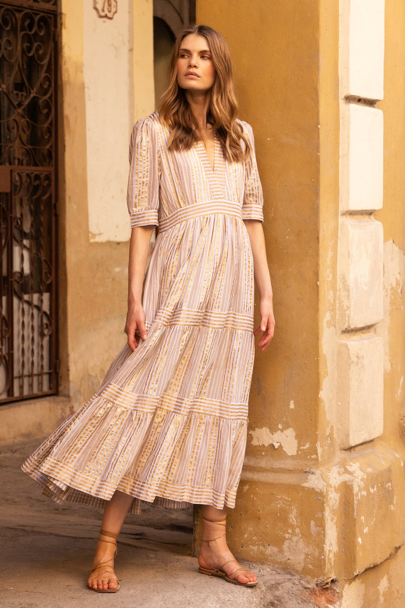 Oliphant Samoa Tan Gold V-Neck Cuffed Maxi Dress