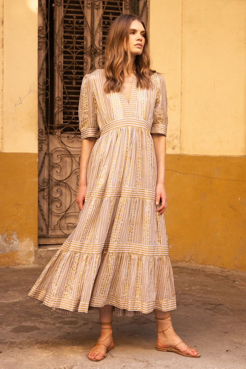 Oliphant Samoa Tan Gold V-Neck Cuffed Maxi Dress