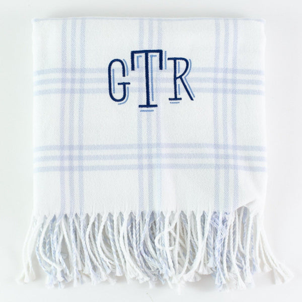 Monogrammed Flannel Check Baby Blanket - White and Blue