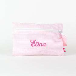 Personalized or Monogrammed Flat Zip Pouch - Pink Seersucker